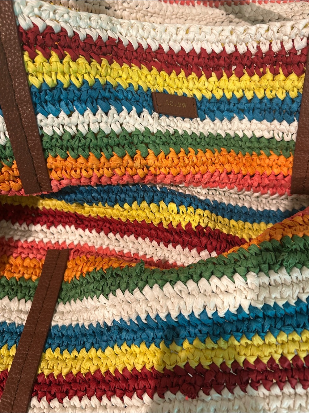 J. Crew Multicolor Striped Crochet Tote Bag with Brown Handles - Picture 8 of 10